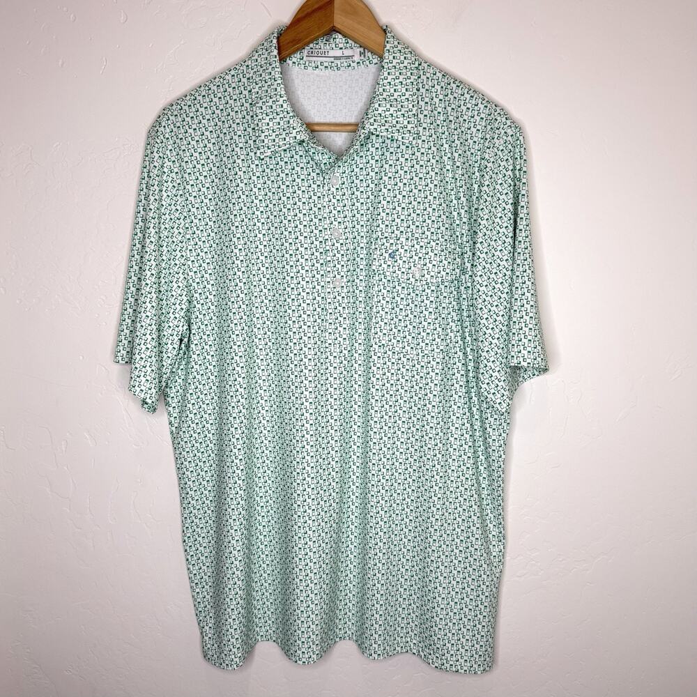 Criquet Polo Shirt Men’s Large Green Mod Print Short Sleeve Performance